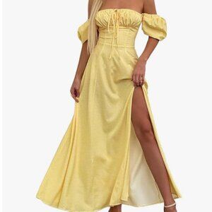 Women's Summer Puff Sleeve Floral Split Maxi Dress Flowy A Line Casual Beach Lon